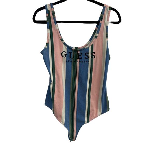 GUESS Striped Logo Snap Bodysuit M Retro Y2K Pastel Sporty Coquette Streetwear - Picture 1 of 8